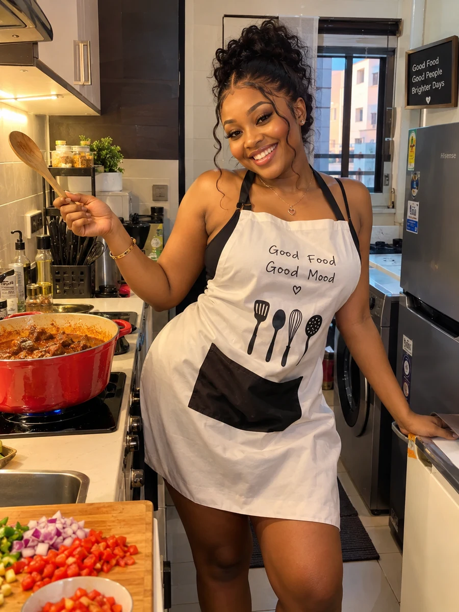 A smiling cook preparing a meal in a home kitchen