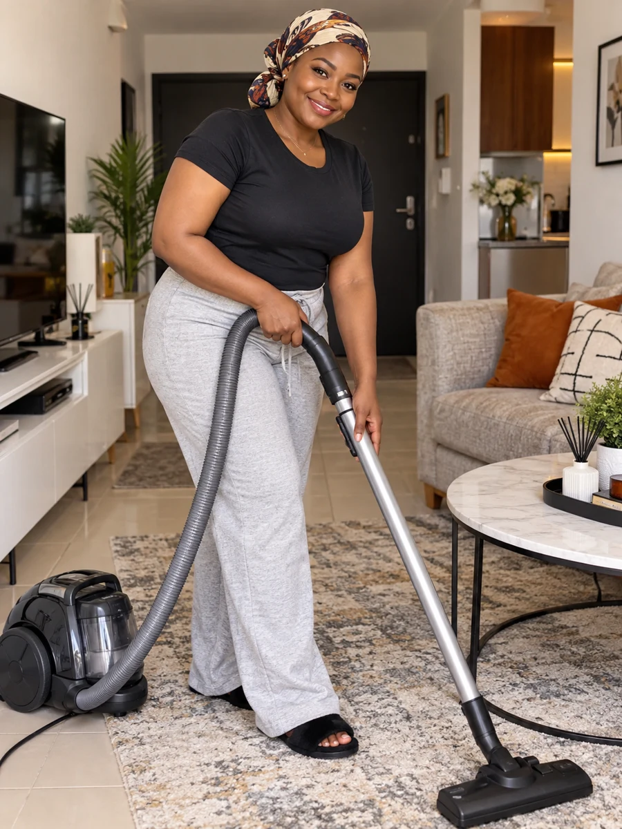 A professional cleaner smiling while vacuuming a living room